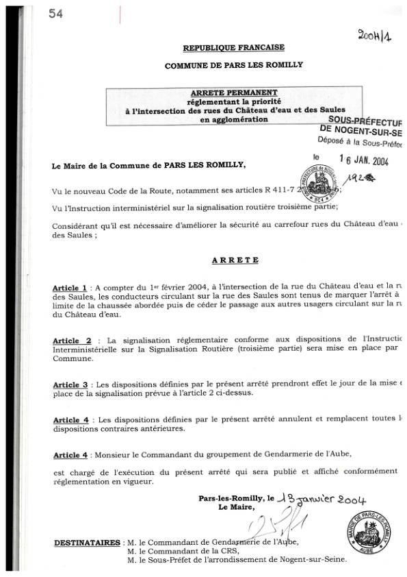 Arrêté municipal 2004-001 régime de priorité Château d'Eau - Saules