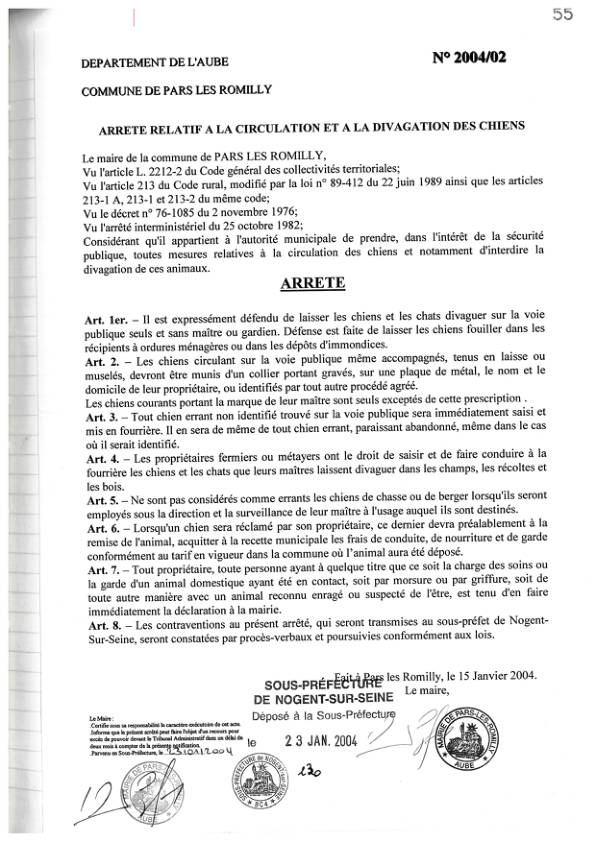 Arrêté municipal 2004-002 circulation et divagation des chiens