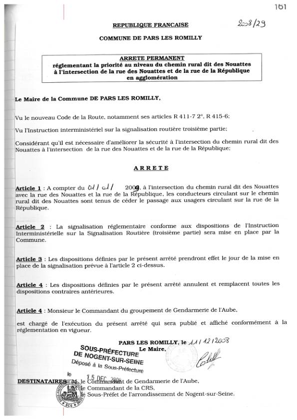 Arrêté municipal 2008-29 régime de priorité Nouattes - République