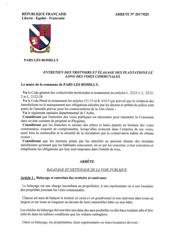 Arrêté municipal 2017-025 entretien des trottoirs et élagage des plantations