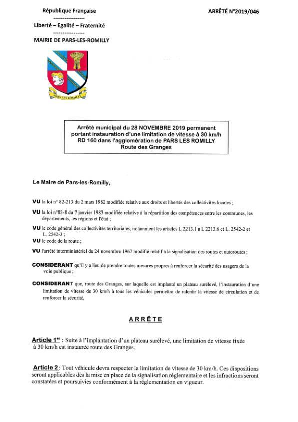 Arrêté municipal 2019-046 limitation vitesse 30 km/h route des Granges Arrêté municipal 2019-046 limitation vitesse 30 km/h route des Granges