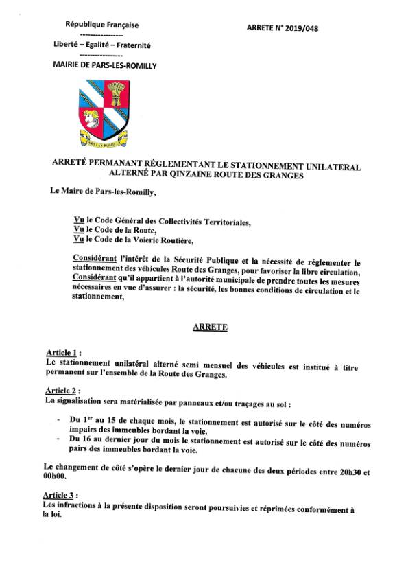 Arrêté municipal 2019-048 réglementation stationnement alterné route des Granges Arrêté municipal 2019-048 réglementation stationnement alterné route des Granges