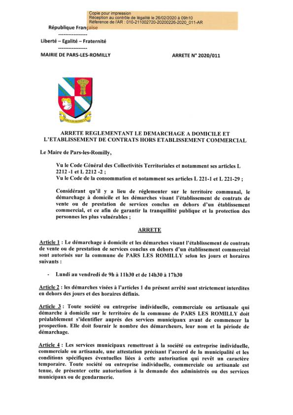 Arrêté municipal 2020-011 règlementation démarchage à domicile