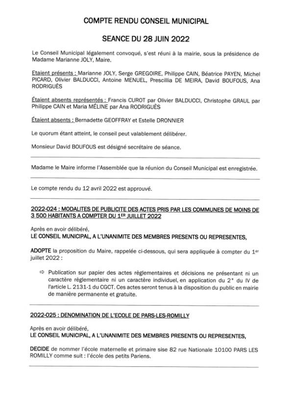Conseil Municipal du 28 juin 2022 - Compte rendu sommaire
