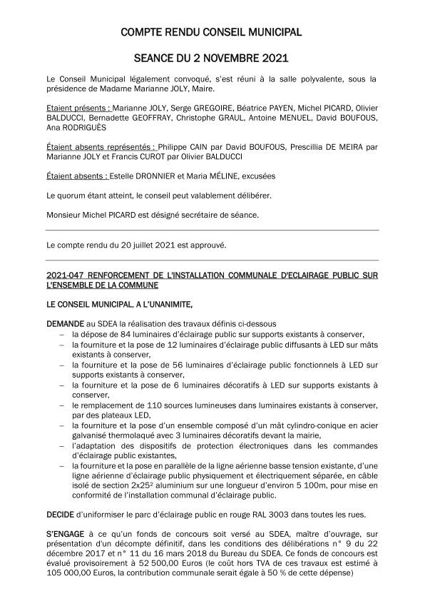 Compte rendu du conseil municipal du 2 novembre 2021