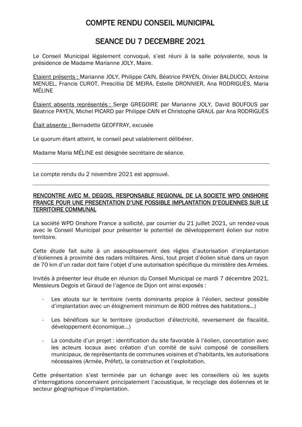 Compte rendu du conseil municipal du 7 décembre 2021