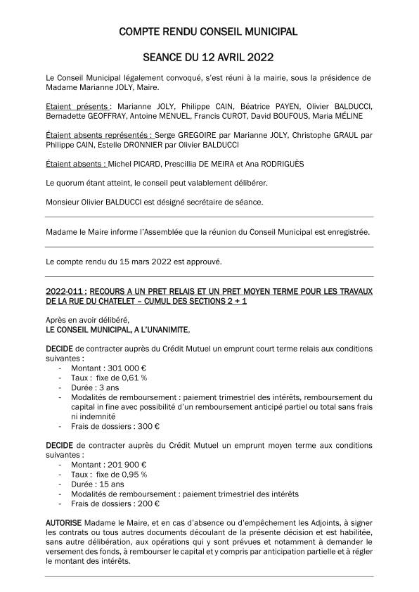 Compte rendu du conseil municipal du 12 avril 2022
