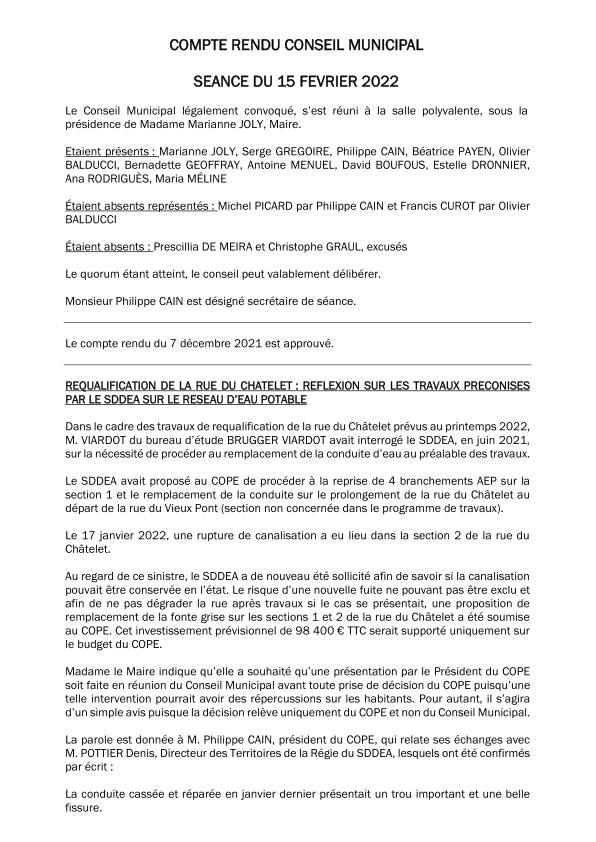 Compte rendu du conseil municipal du 15 février 2022