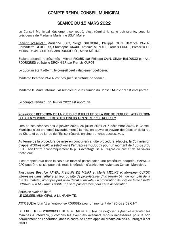Compte rendu du conseil municipal du 15 mars 2022