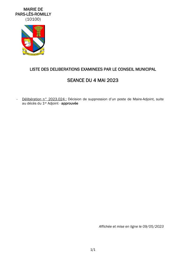 Liste des délibérations examinées en séance du conseil municipal du 4 mai 2023
