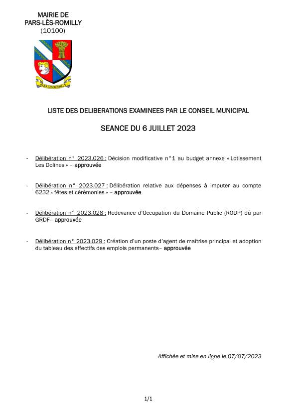 Liste des délibérations examinées en séance du conseil municipal du 6 juillet 2023