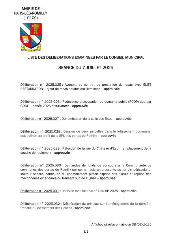 Liste des délibérations examinées en séance du conseil municipal du 7 juillet 2025