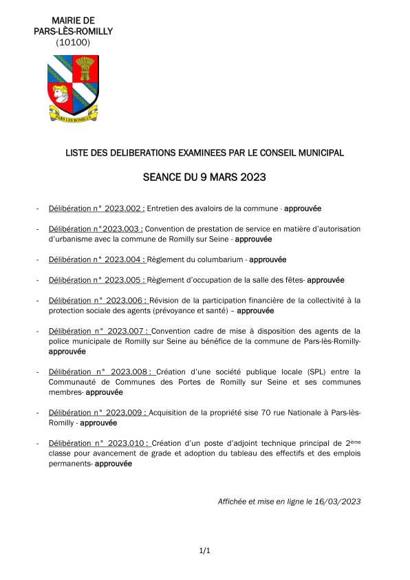 Liste des délibérations examinées en séance du conseil municipal du 9 mars 2023