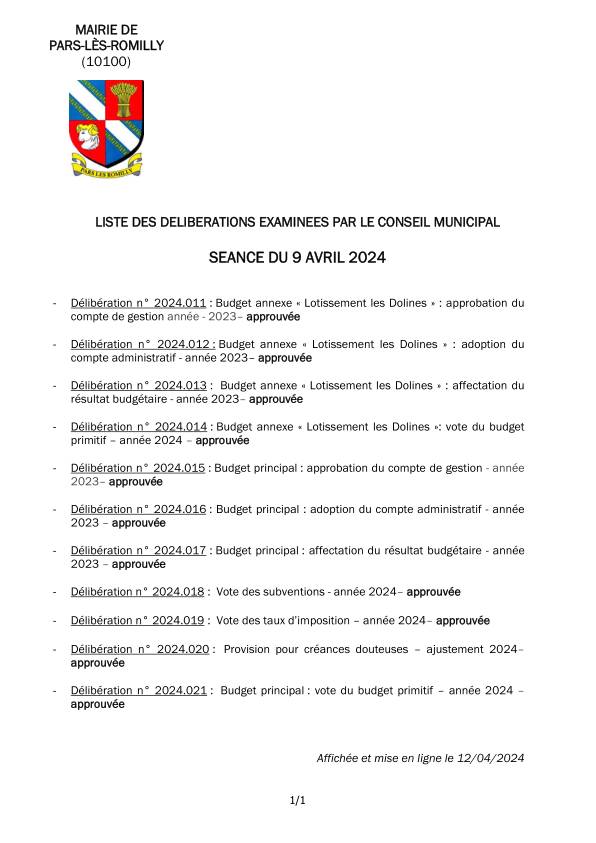 Liste des délibérations examinées en séance du conseil municipal du 9 avril 2024