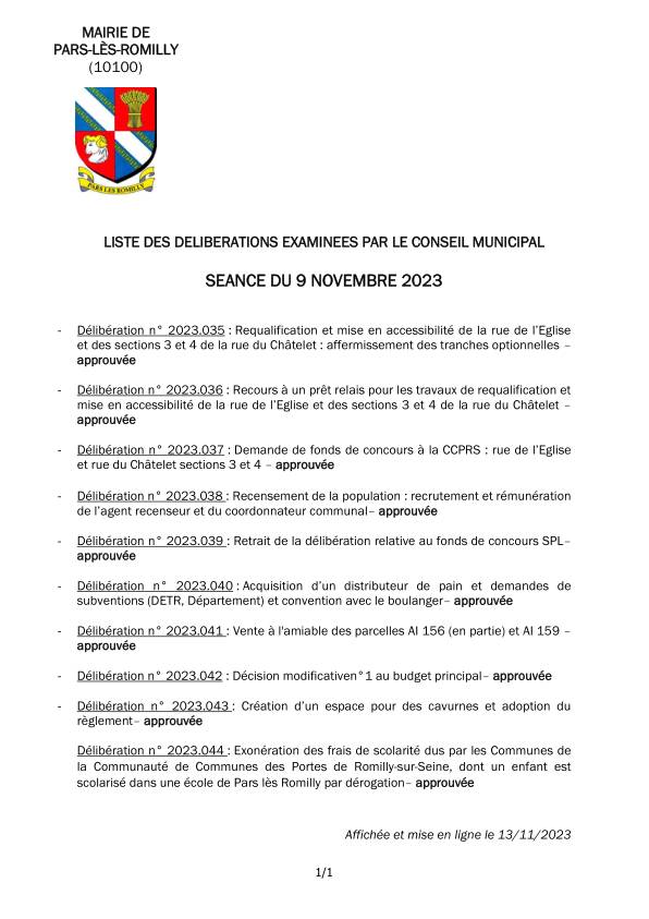Liste des délibérations examinées en séance du conseil municipal du 9 novembre 2023
