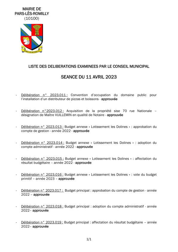 Liste des délibérations examinées en séance du conseil municipal du 11 avril 2023