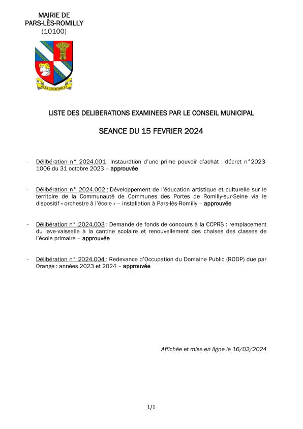 Liste des délibérations examinées en séance du conseil municipal du 15 février 2024