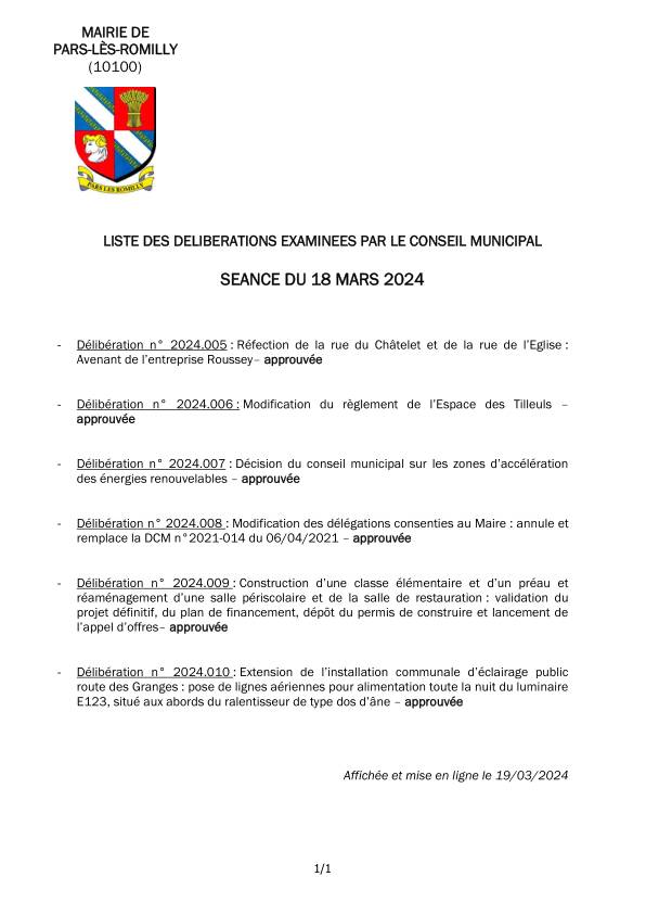 Liste des délibérations examinées en séance du conseil municipal du 18 mars 2024