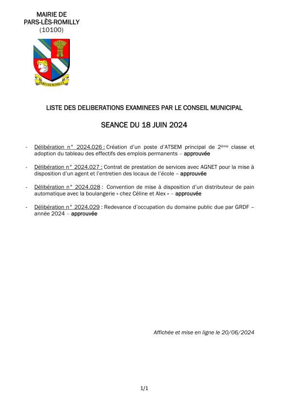 Liste des délibérations examinées en séance du conseil municipal du 18 juin 2024