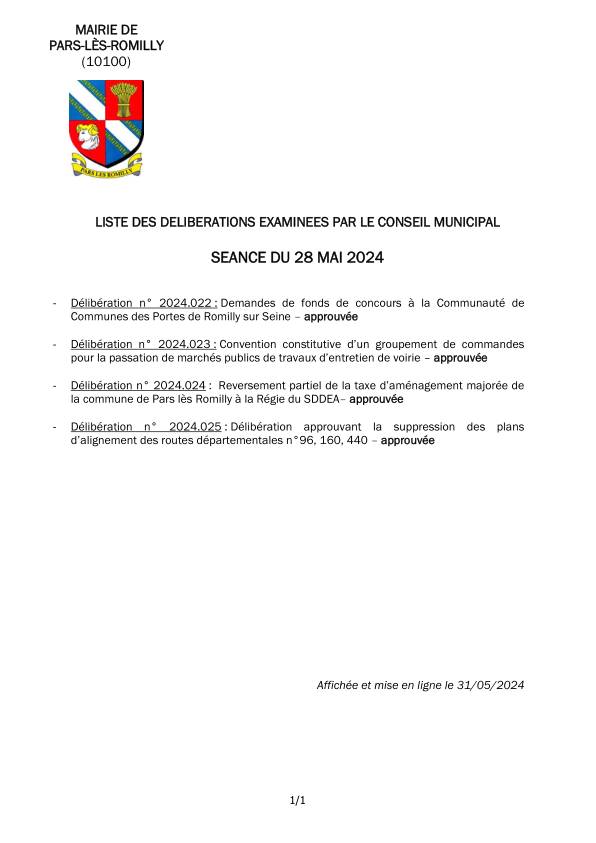 Liste des délibérations examinées en séance du conseil municipal du 28 mai 2024