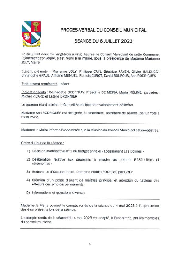 Procès-verbal du conseil municipal du 6 juillet 2023