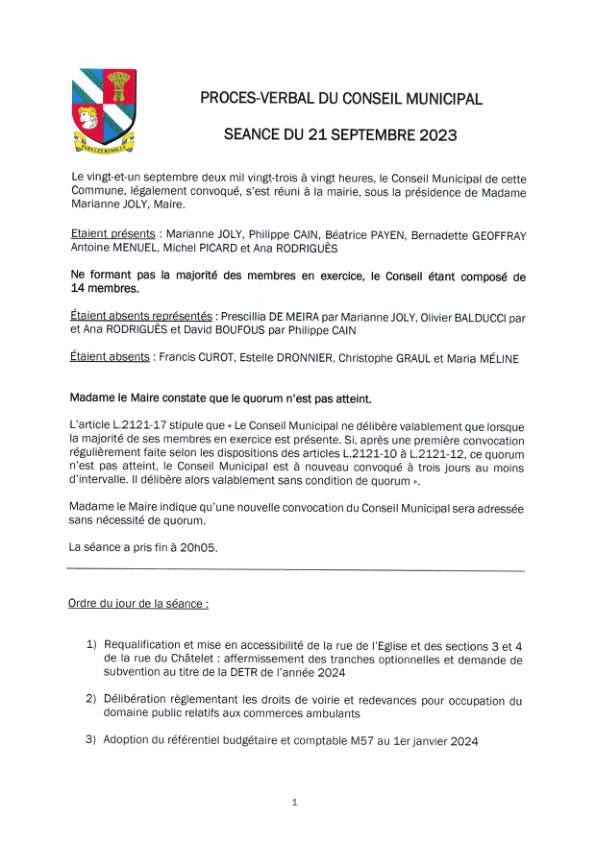 Procès-verbal du conseil municipal du 21 septembre 2023