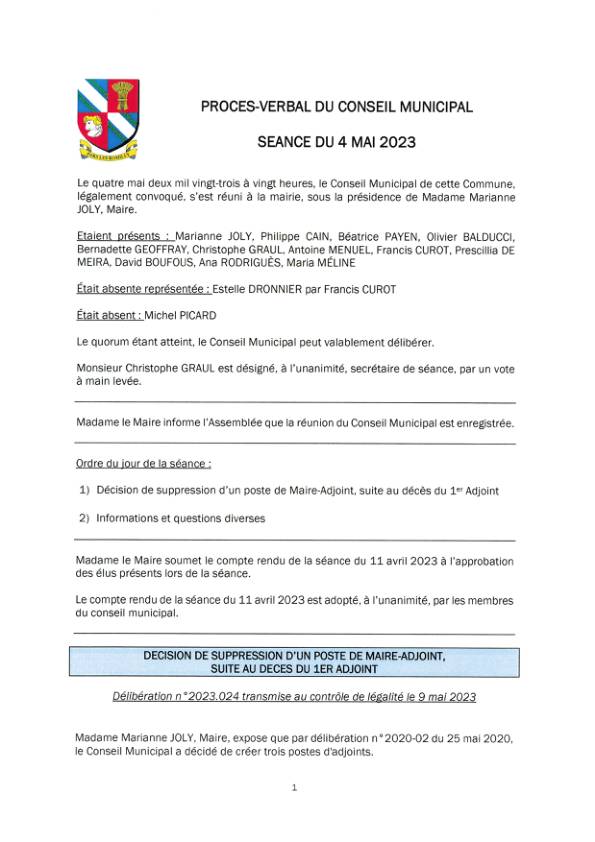 Procès-verbal du conseil municipal du 4 mai 2023