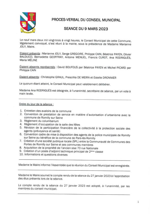Procès verbal du conseil municipal du 9 mars 2023