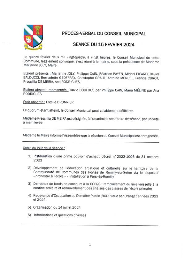 Procès verbal du conseil municipal du 15 février 2024