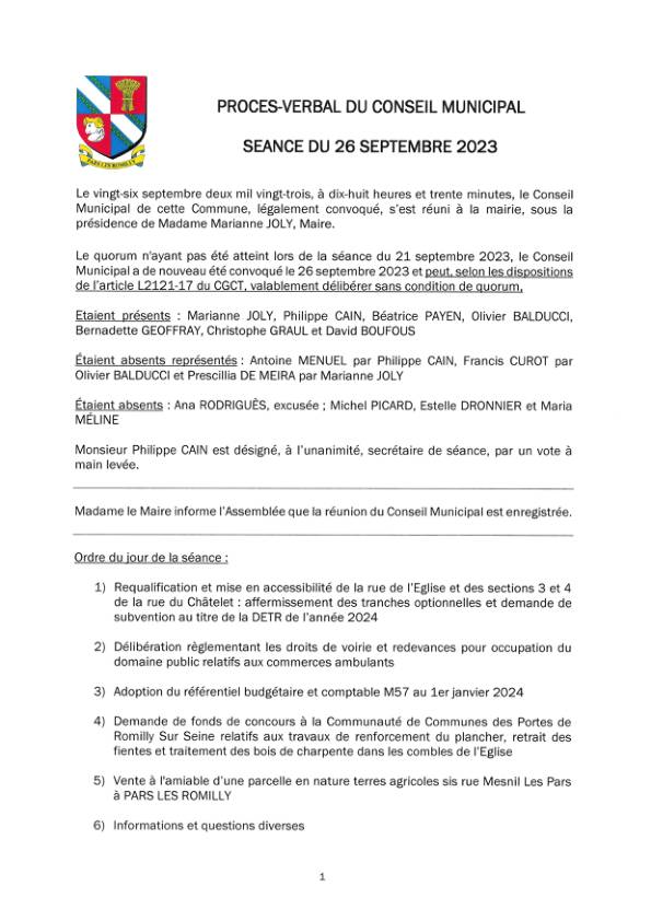 Procès-verbal du conseil municipal du 26 septembre 2023
