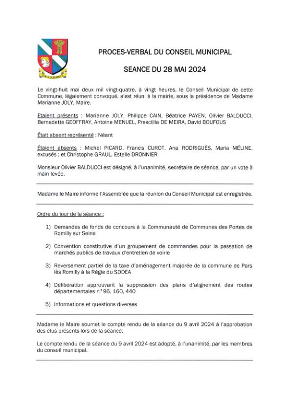 Procès verbal du conseil municipal du 28 mai 2024