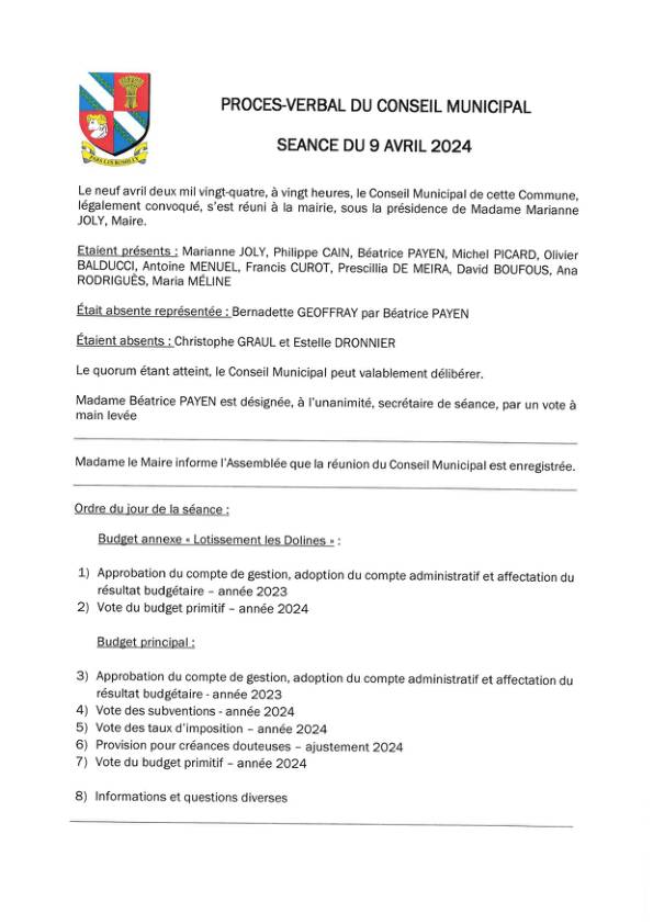 Procès verbal du conseil municipal du 9 avril 2024