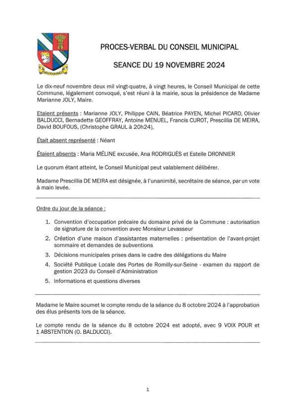 Procès verbal du conseil municipal du 19 novembre 2024