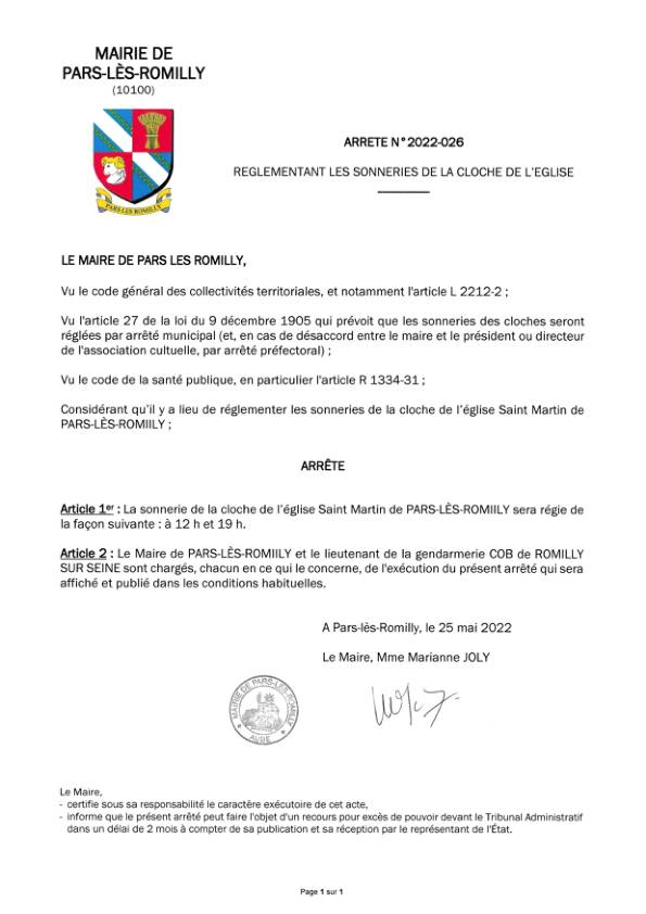 Arrêté municipal 2022-026 règlementant les sonneries de la cloche