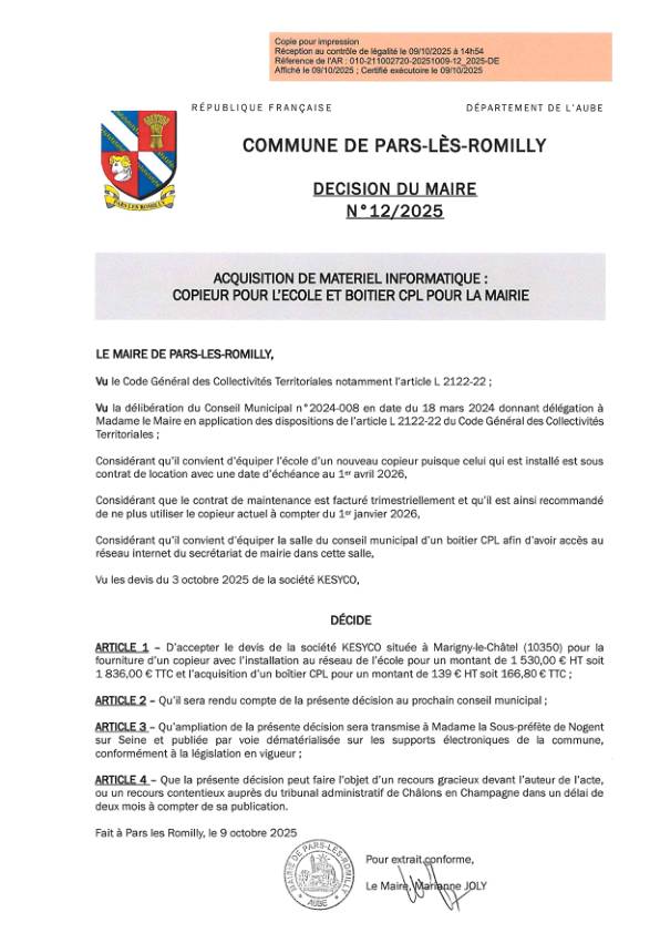12.2025 ACQUISITION MATERIEL INFORMATIQUE - COPIEUR ECOLE ET CPL MAIRIE