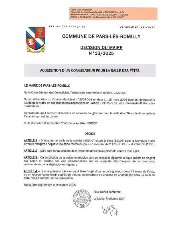 13.2025 ACQUISITION D’UN CONGELATEUR POUR LA SALLE DES FÊTES