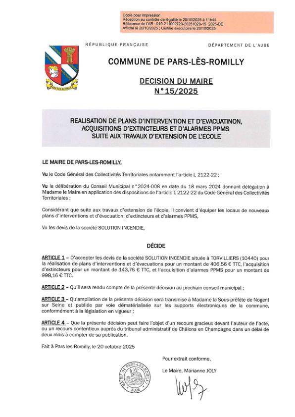 15.2025 REALISATION DE PLANS INTERVENTION EVACUATION ET ACQUISITIONS EXTINCTEURS ET ALARMES PPMS ECOLE