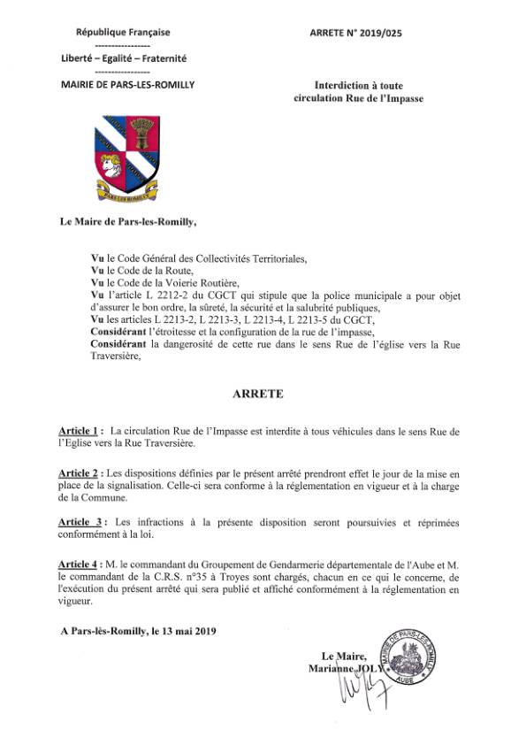 Arrêté municipal 2019-025 circulation interdite rue de l'Impasse