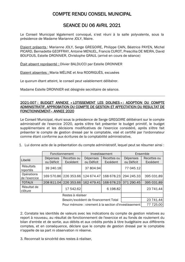 Compte rendu du conseil municipal du 6 avril 2021