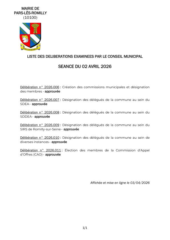 Liste des délibérations examinées par le conseil municipal séance du 02 avril 2026