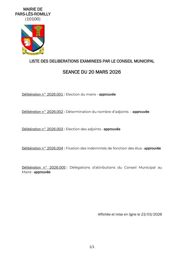 Liste des délibérations examinées par le conseil municipal séance du 20 mars 2026