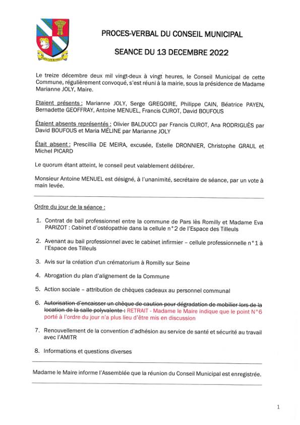 Procès-verbal du conseil municipal du 13 décembre 2022