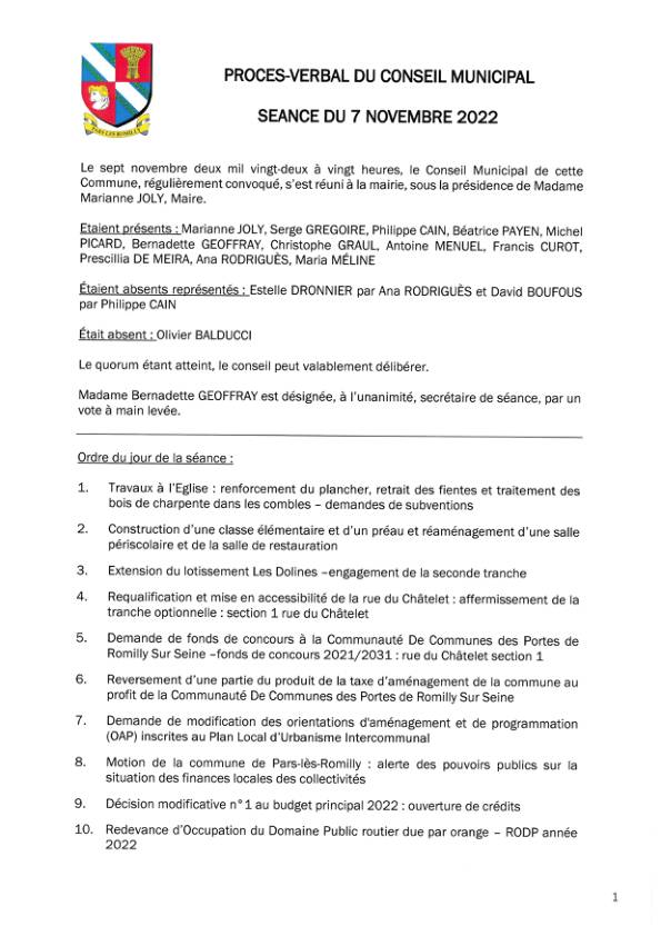 Procès-verbal du conseil municipal du 7 novembre 2022