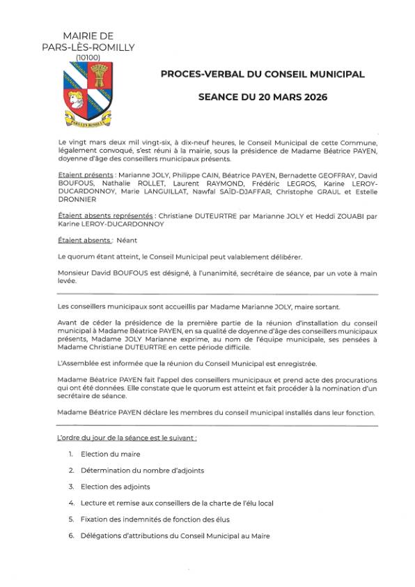 Procès Verbal du conseil municipal séance du 20 mars 2026