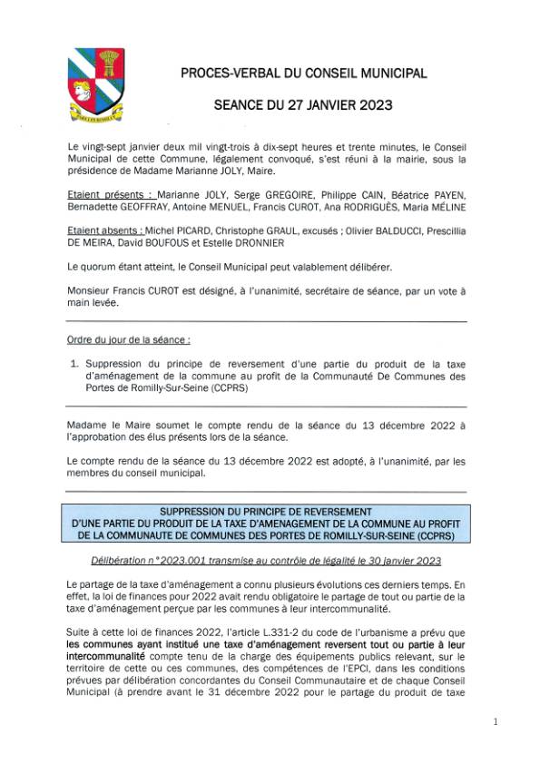Procès-verbal du conseil municipal du 27 janvier 2023