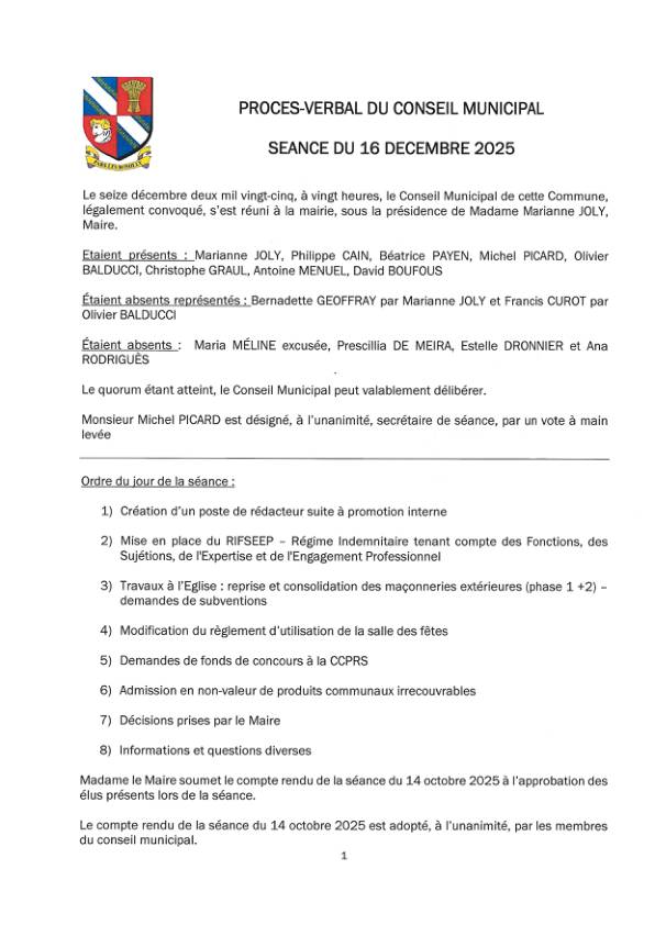 Procès Verbal du conseil municipal séance du 16 décembre 2025