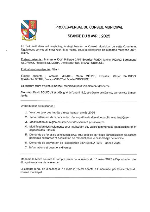 Procès verbal du conseil municipal du 8 mars 2025