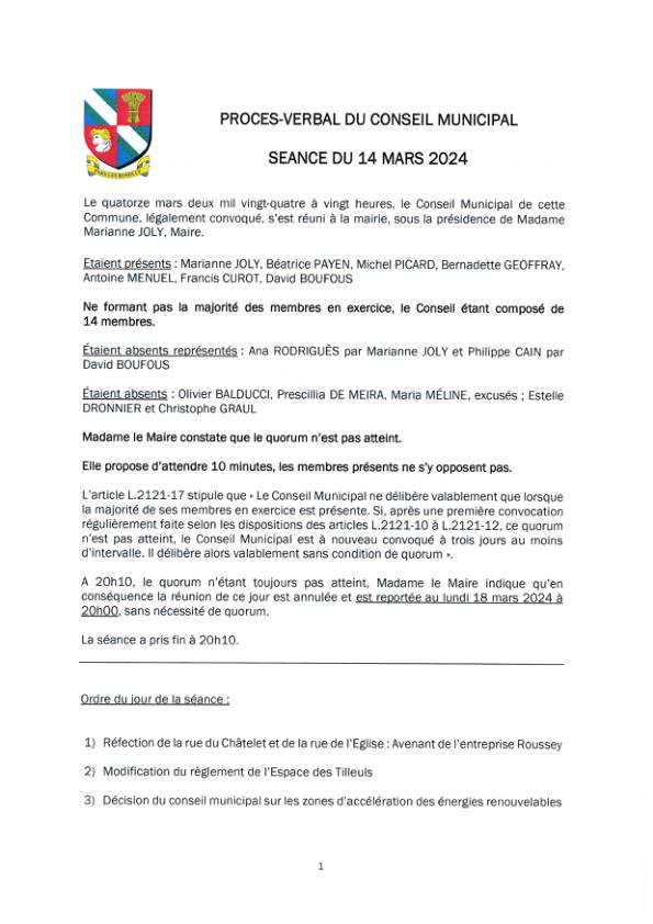 Procès-verbal du conseil municipal du 14 mars 2024