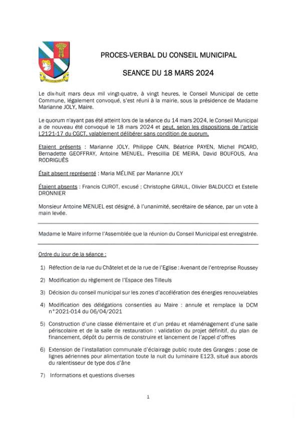 Procès verbal du conseil municipal du 18 mars 2024