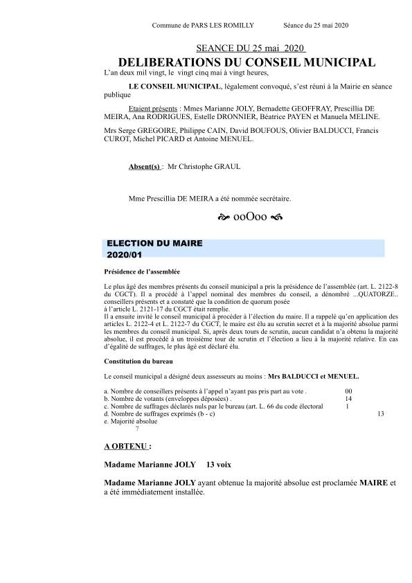 Compte rendu du conseil municipal du 25 mai 2020